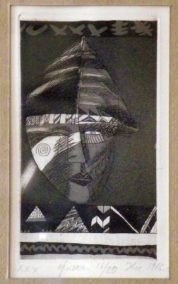 „XXX” (1986) by Ilze Krūmiņa, etching and aquatint 16/20 4 ½" x 7 ½’’, framed: wood/glass 14"x18’’