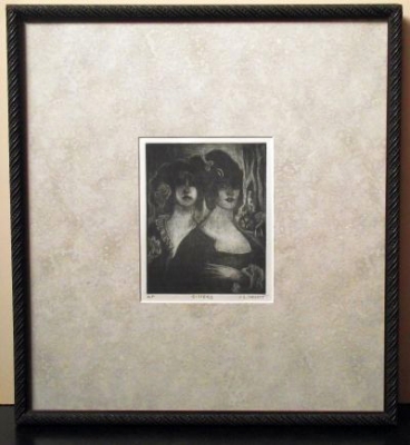 „A SISTERS” (1987?) A.P. by Irina Sarma Skerritt, etching, 5”x6 ½”, matting, framed: wood/glass 15”x16”