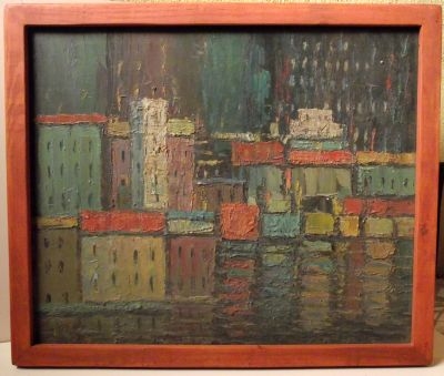 „CITYSCAPES” (1958/59) by Pēteris Sābulis, oil, on canvas panel, 24”x20”, wood frame