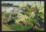 1836-THE OLD GARDEN (1979) by Nikolajs Karagodins, oil, 16”x11 ½”, matting, framed: tapestry/wood/glass 24”x20”