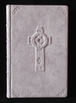 MIDSIZE JOURNAL WITH CELTIC / NORDIC CROSS DESIGN – by Alfrēds Stinkuls, Cross like that could be found on Runic Stones, gray suede leather binding, 5 ½’’x 8 ½’’x 1’’ , paper: Exact index, cover 110 lb, acid free, USA.